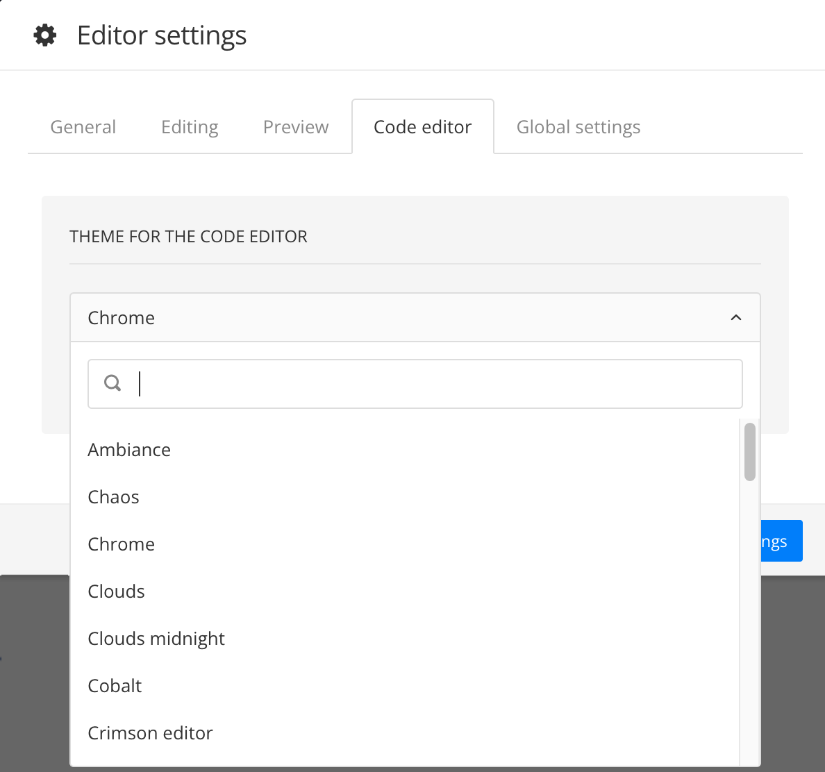 Code editor tab. In the theme for the code editor section, the dropdown menu has been selected to reveal a list of themes to choose from.