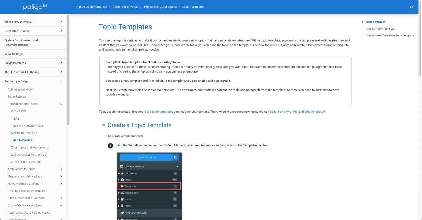 Image of Topic Templates page from the Paligo help. It has a main heading "Topic Templates" followed by some text and then a subheading "Create a Topic Template", which is followed by text and an image.