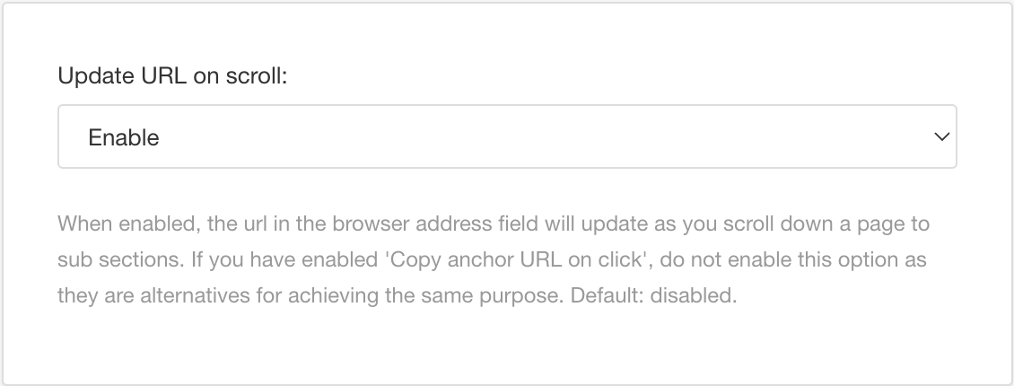 Update URL on scroll setting. It has an Enable option and a Disable option.