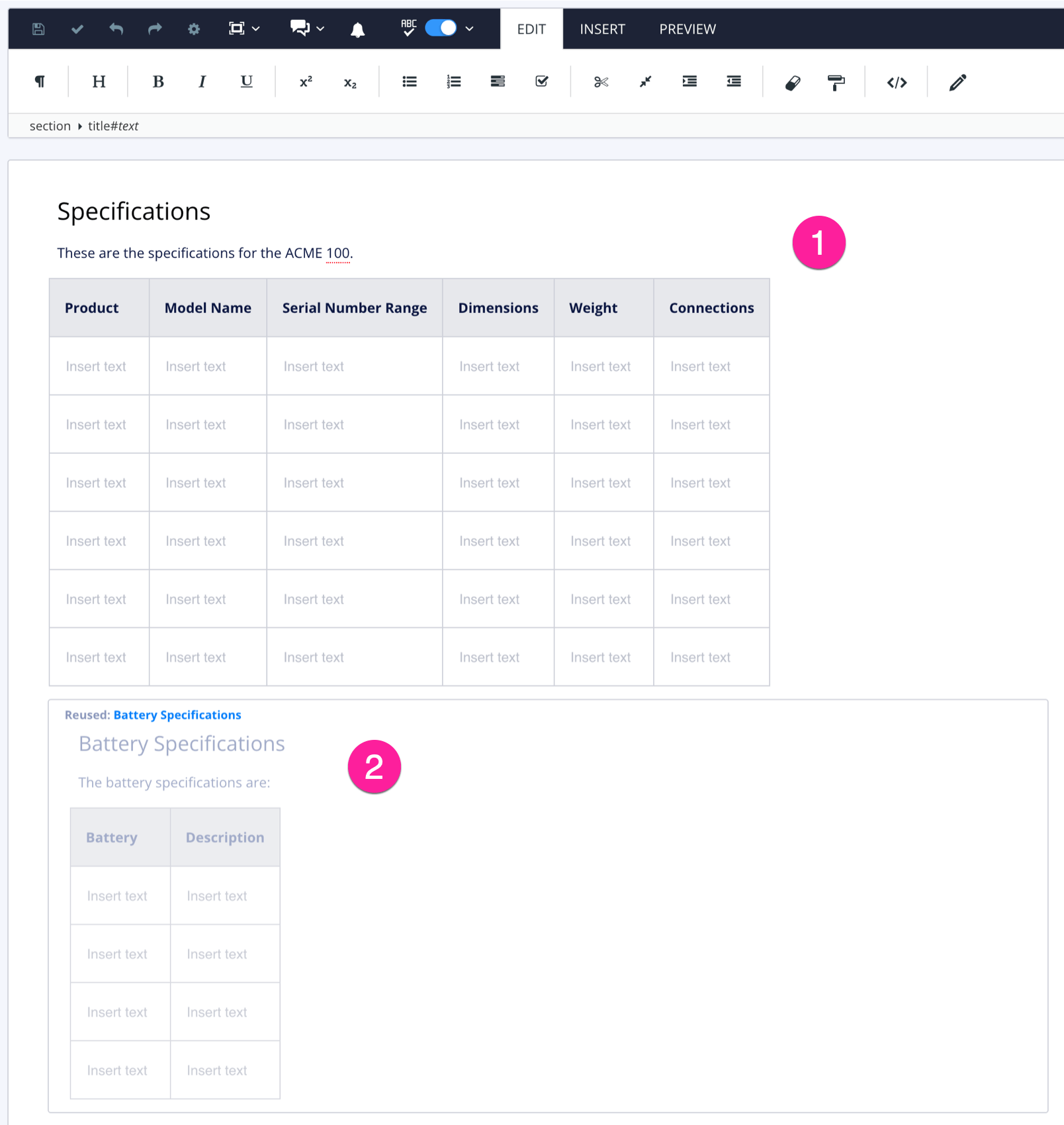 Topic in Paligo editor. The topic contains another topic that is inserted as a component (subsection). There is a "1" callout label for the main topic and a "2" callout label for the component topic.