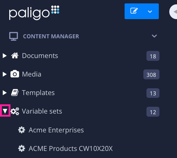 Paligo content manager side panel. It has sections for Documents, Media, Templates, and Variable sets. The Variable sets section is expanded to reveal two variable sets in a list.