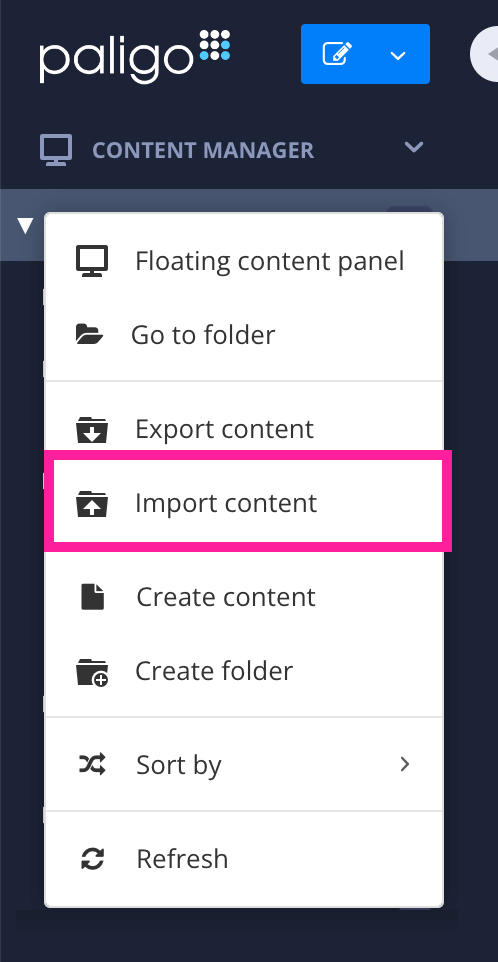 Close up of the options menu. The Import content option is highlighted.