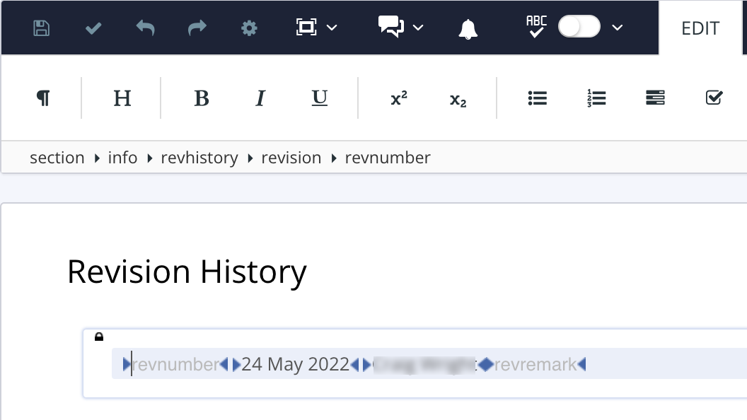 Revision history topic. The Element Structure Menu shows the structure is: section, info, revhistory, revision, revnumber.
