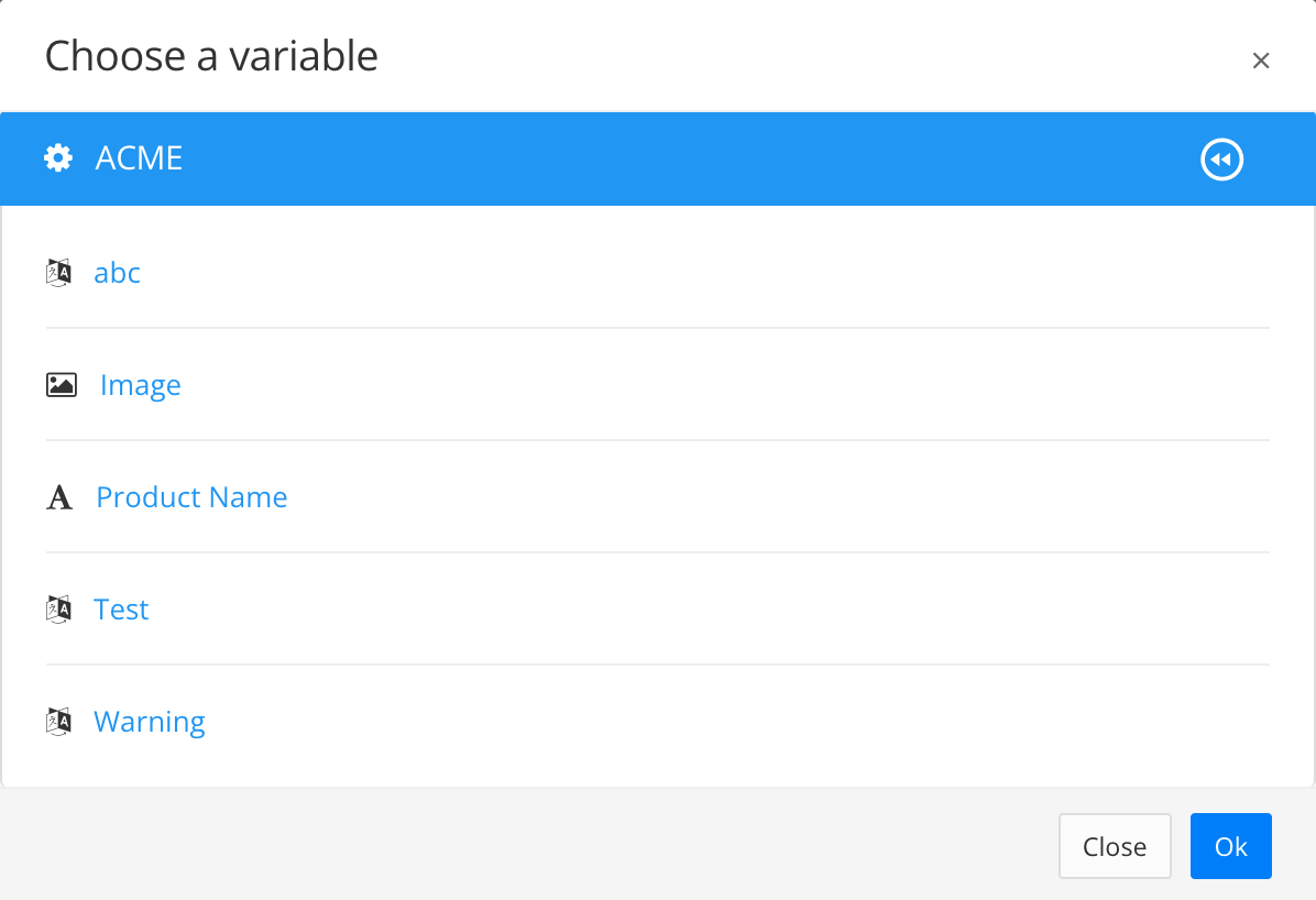 Choose a variable dialog shows a list of variables in the chosen variable set.