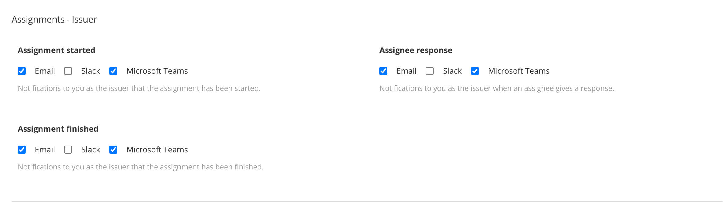 Assignments settings on Integrations tab of My Profile. Use to choose if you are notified when an assignment starts, ends, and if another user responds to the assignment. Also choose how you are notified.