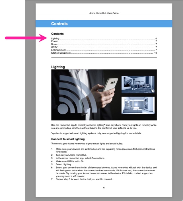 Published PDF topic with a table of contents at the top of the topic. It has references to the subsections of the topic.