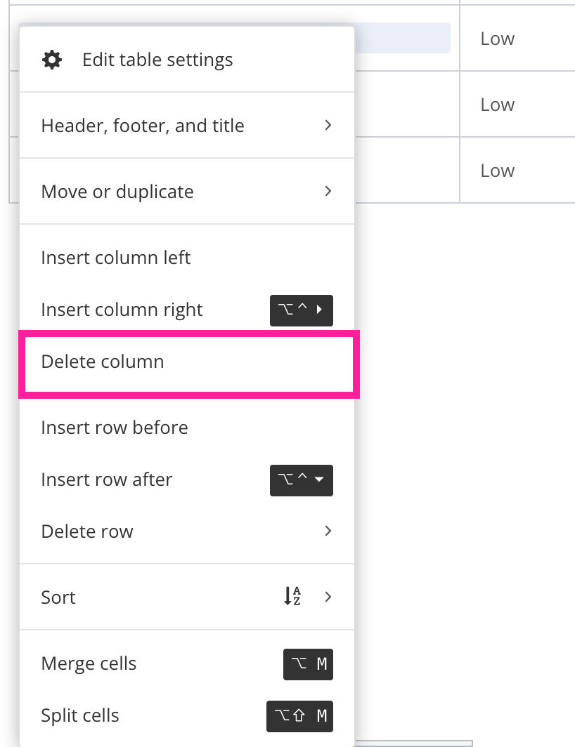 A table in a topic. A column is selected and the table context menu is shown. The Delete column option is highlighted.
