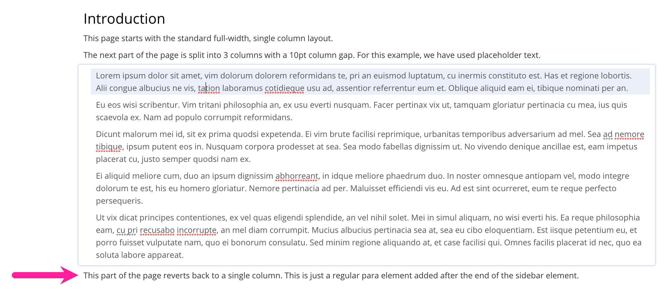 Topic with an introduction title and some paragraphs after it. After the paragraphs there is a sidebar and inside that there is some placeholder text. An arrow points to the placeholder text in the sidebar.