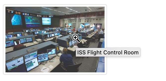 An image of a space center control room. There is a cursor on it and a ToolTip box that shows "ISS Flight Control Room".