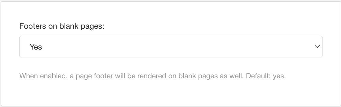 Footers on blank pages setting. It has a dropdown menu with Yes, No, and Default options.