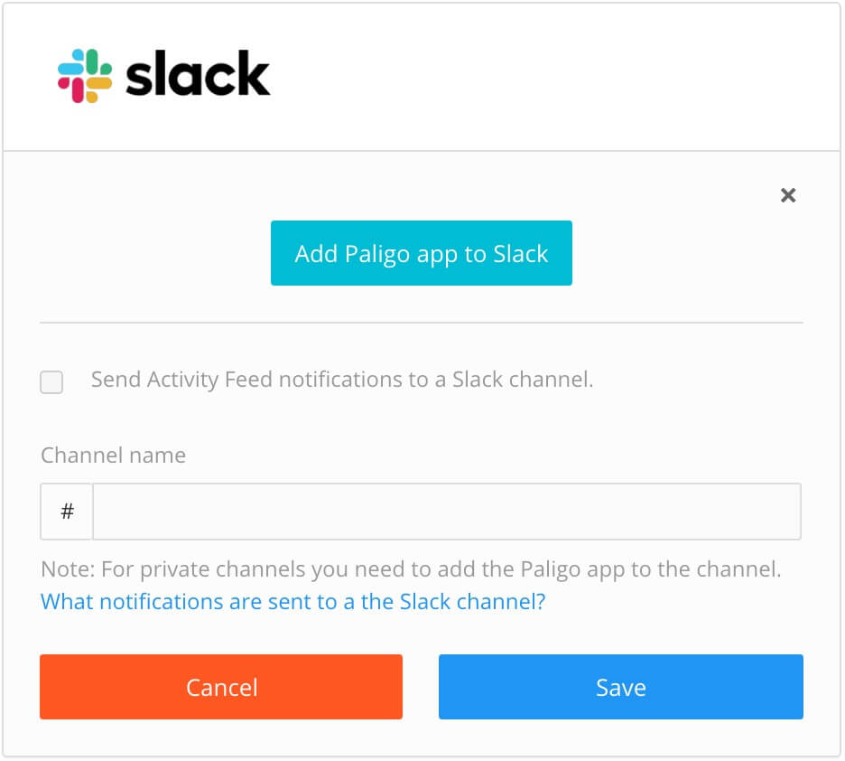 Slack integrations dialog. There is a button for adding the Paligo app to Slack, a checkbox for sending activity feed notifications to a Slack channel, and a field for Channel Name.
