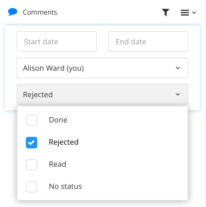 Comments sidebar filter settings. The status field is selected, revealing a drop down with checkboxes for Done, Rejected, Read, and No status. The Rejected status is checked, the others are clear.