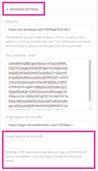 Advanced settings section of the SAML SSO integration settings. The Advanced Settings drop down is highlighted. The Single Signout Service URL setting is also highlighted and it has a clear field as its value has been deleted.