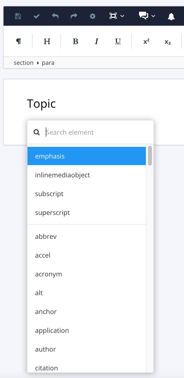 A topic in the Paligo editor. The element context menu is displayed and has a search at the top followed by a list of elements that are valid at the selected position.