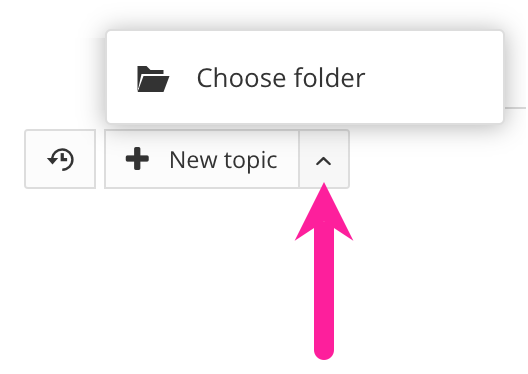 A callout arrow points to the icon button next to the New topic button. A pop-up menu is shown above it and the menu has a Choose folder option.