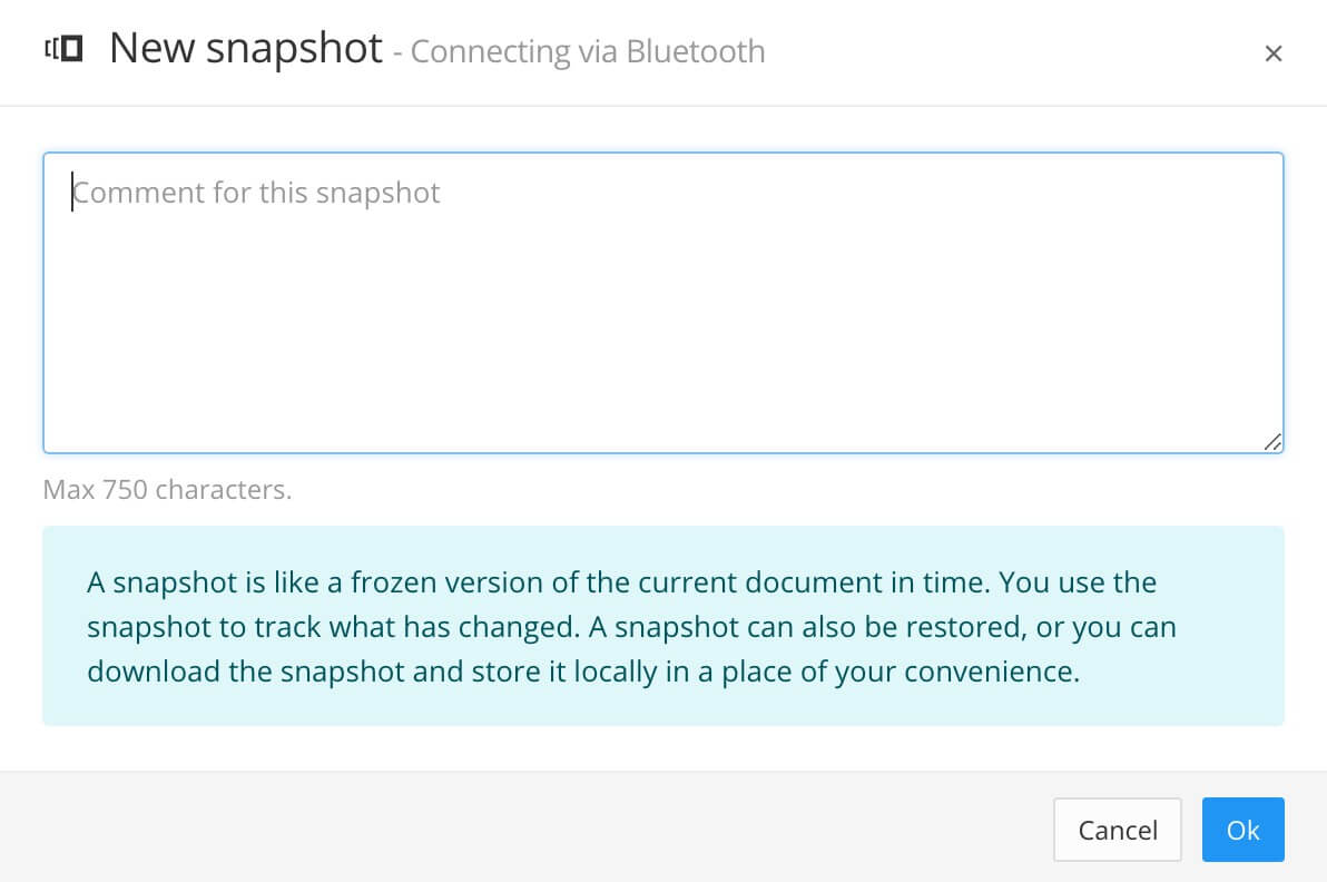 New snapshot dialog has a comment box for adding information about the snapshot.