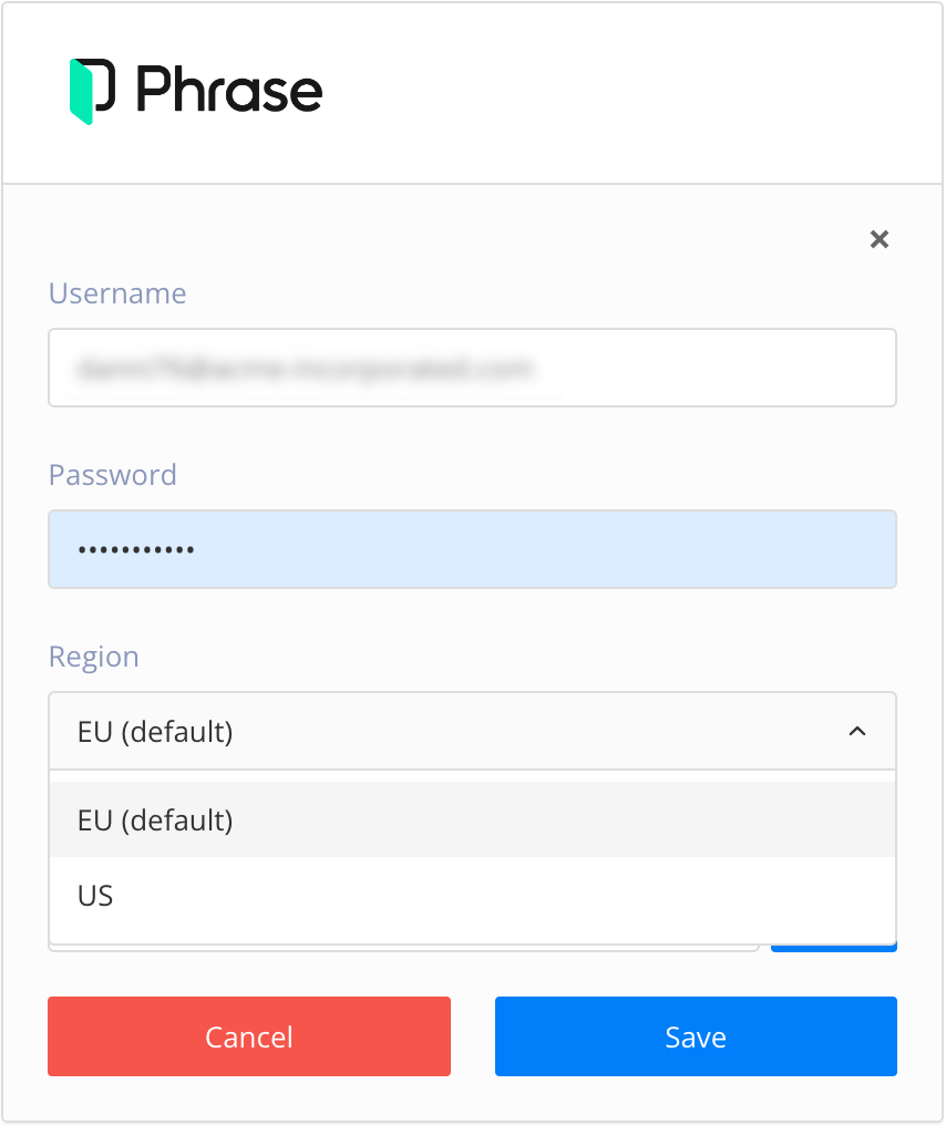Phrase integration settings. There are fields for username and password and a region dropdown box with options for EU, US and more.