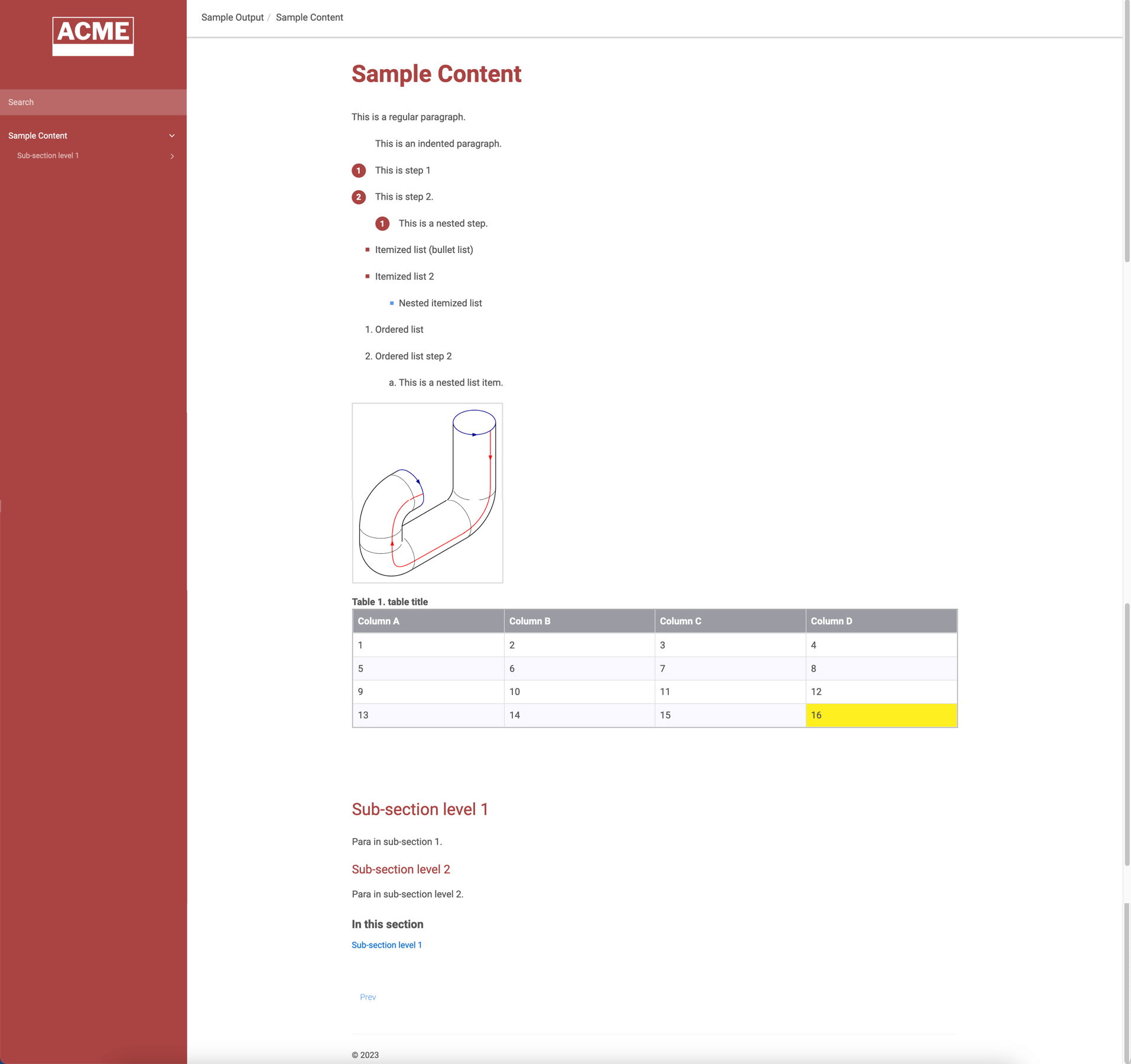Help page with custom styling for an HTML5 Help Center. The side panel is red, an Acme logo is at the top, and the text is mostly black with red numbers for procedure numbers. The table is formatted to have a gray header, alternate row shading, and the last cell has a yellow background.