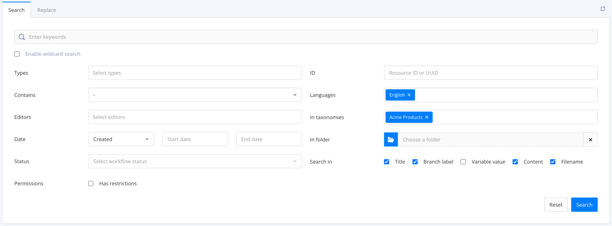 Advanced search settings. In this image, they are set to filter the search so that it only looks in components that have a particular taxonomy tag.