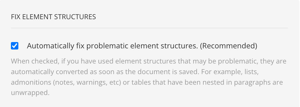 Editor settings. Fix element structures section. There is a checkbox labelled automatically fix problematic element structures.