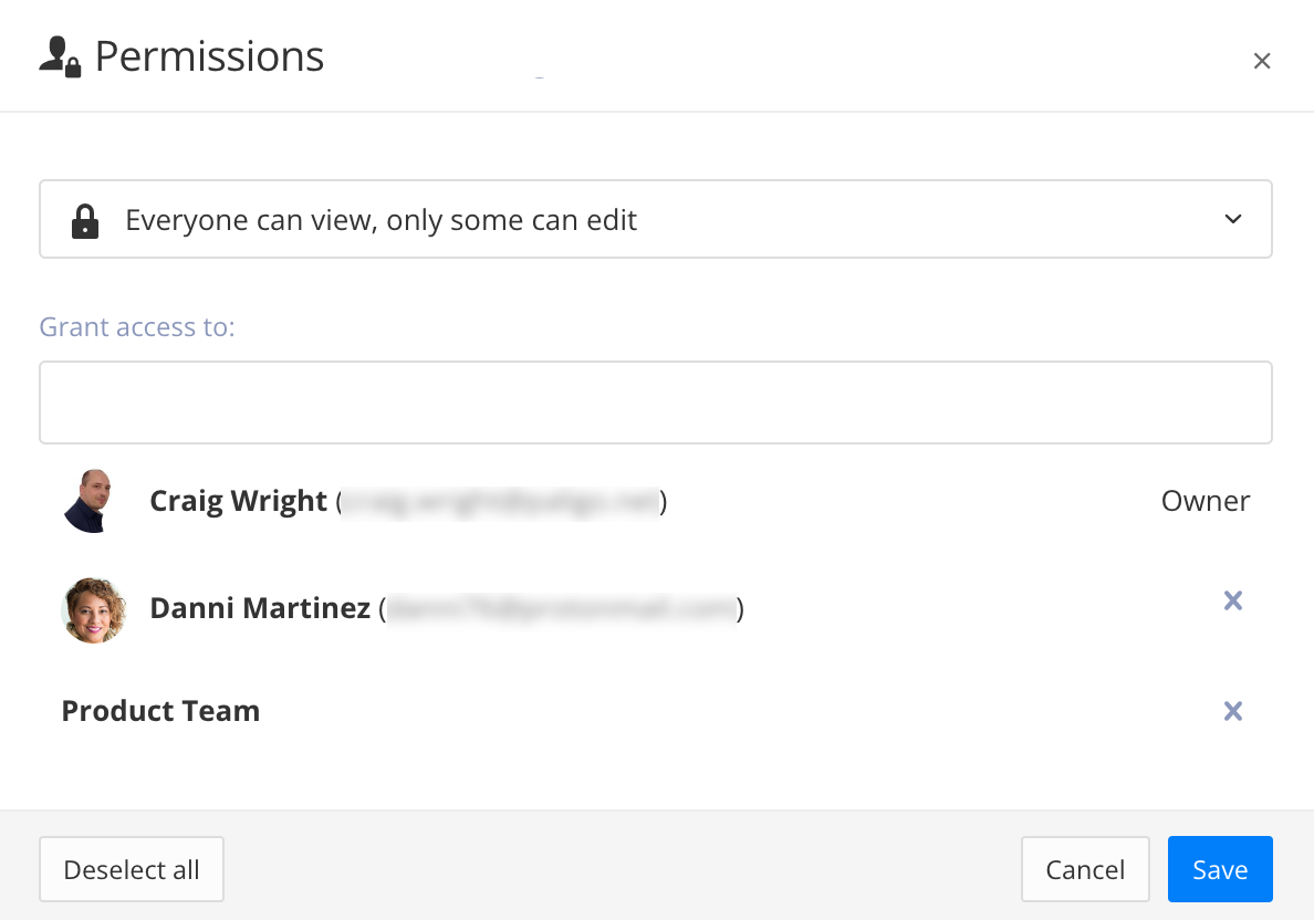 Permissions dialog. It is set so that everyone can view a topic but only certain users can edit it. The list of users with permission to edit includes the owner, a writer, and a group.