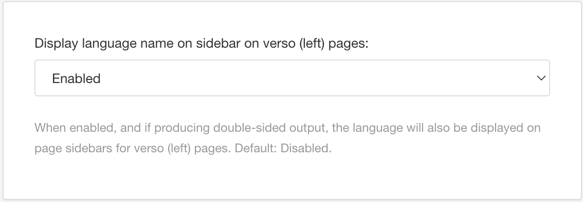 Display language name on sidebar on verso (left) pages setting. It is set to enabled.