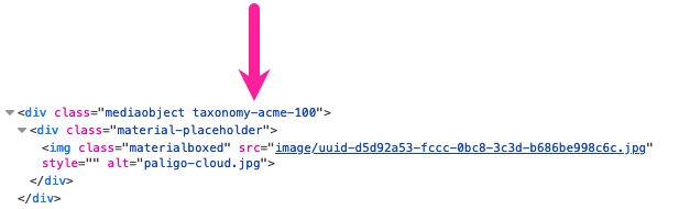 HTML code for an image that has been published to HTML. In the div element for the mediaobject, there is class="mediaobject taxonomy-acme-100"