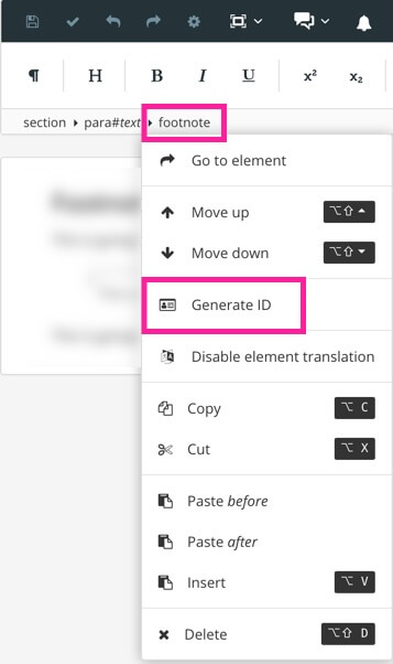 Element structure menu has the footnote element selected, revealing a dropdown menu. In the menu, the Generate ID option is highlighted.