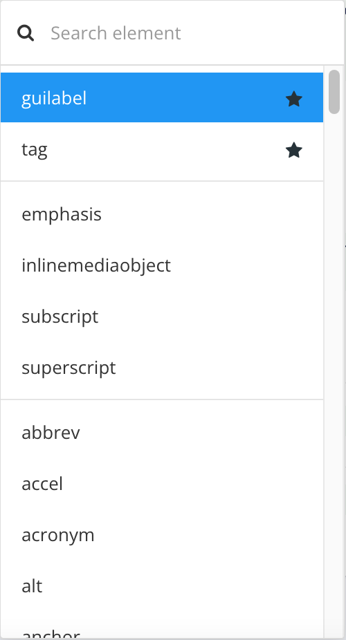 Element context menu showing a list of inline elements that are valid at the selected position.