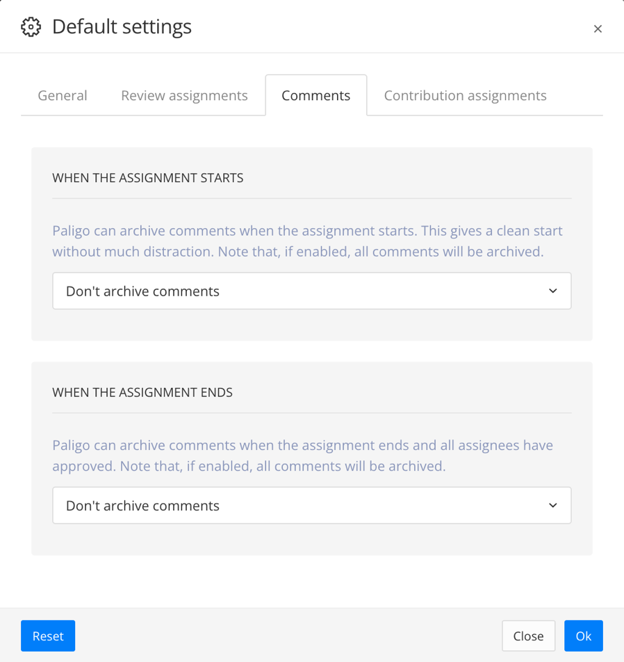 Default settings for assignments. The Comments tab is selected.