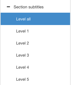 PDF Layout. Section subtitles category is expanded revealing a list of subcategories. The Level all category is selected.