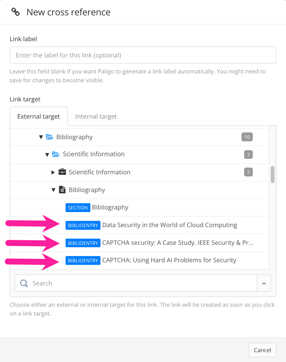 New cross-reference dialog. It shows the user has browsed to the bibliography topic and expanded it to reveal its elements. Callout arrows point to three different biblioentry elements.