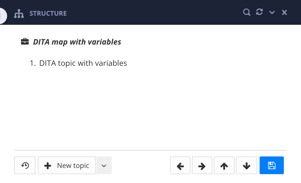 Paligo has created a publication for a DITA import. The publication contains a fork to a "DITA topic with variables" topic.