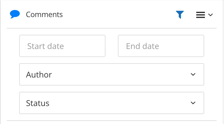 Comments sidebar filter options. There are settings for start date, end date, author, and status.