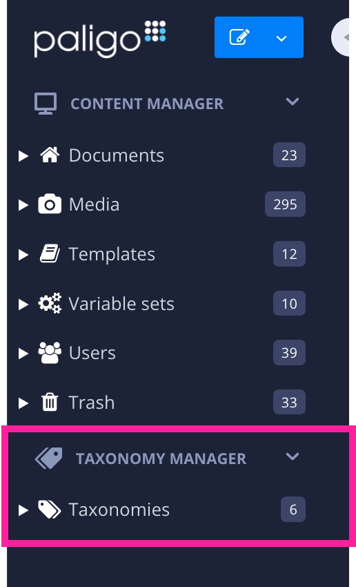 Content manager sidebar. There is a callout box to highlight the taxonomy manager section.