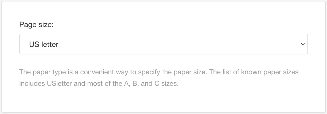 Page size setting. It has a combo-list for choosing the page size and is currently set to US letter.