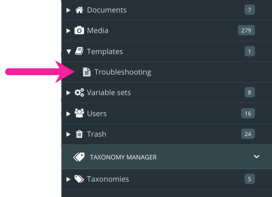 Content Manager sidebar has a Templates section. Inside that, there is a template called "Troubleshooting".