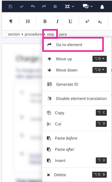 Step element is selected in the element structure menu. A menu is revealed and Go to element is selected.