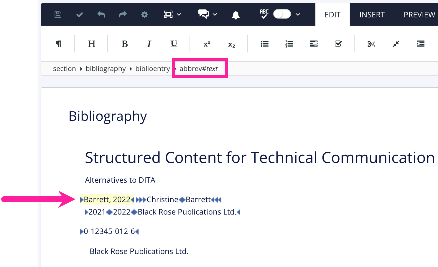 A partial screenshot of a bibliography topic that is open in the Paligo editor. The abbrev element is highlighted in the Element Structure Menu at the top. A callout arrow points to a highlighted bibliography entry in the topic's body area.