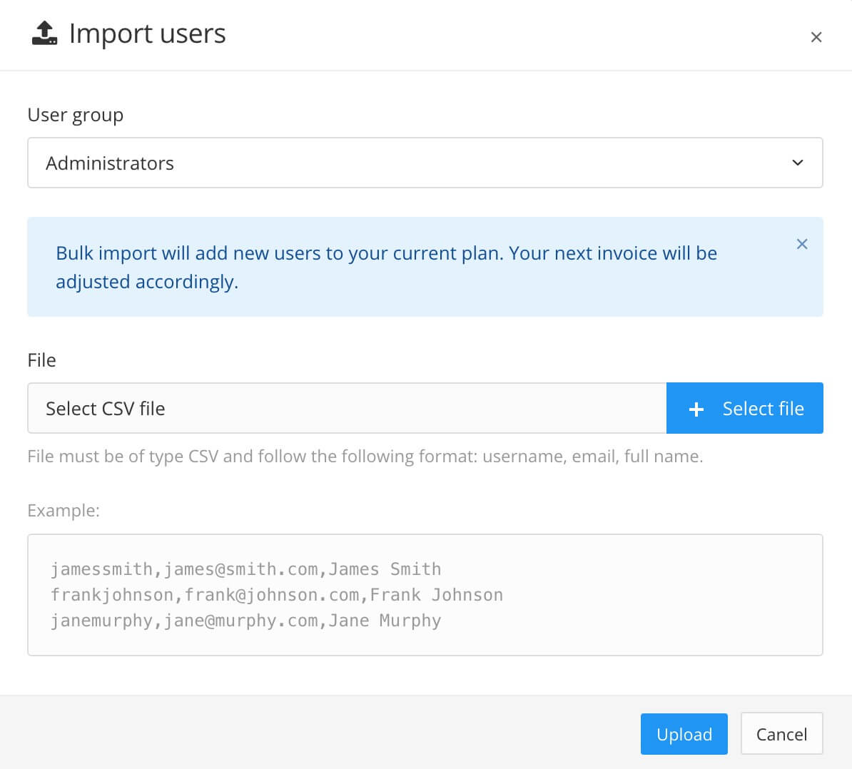 Import users dialog. There are fields for selecting the user type and uploading your CSV file