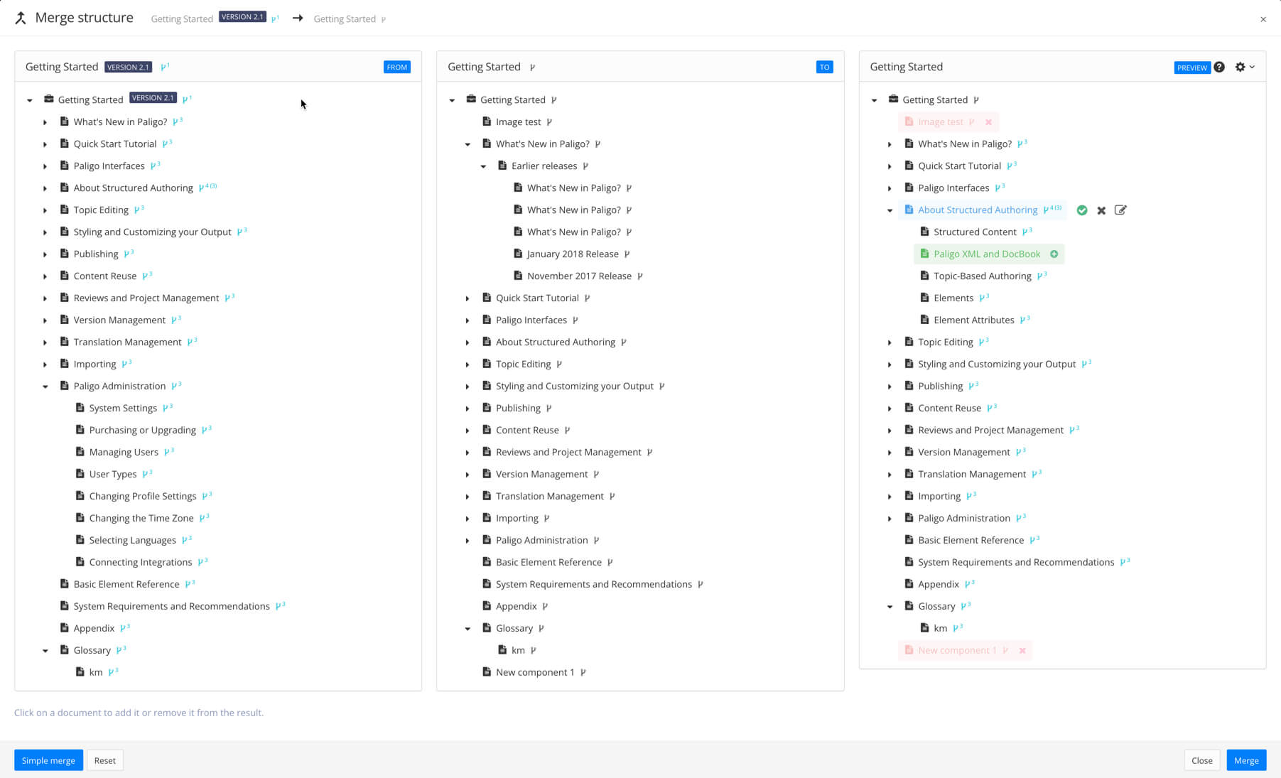 Advanced merge view has three columns, each showing the publication structure. The left column is the "from" version, the middle column is the "to" version, and the third column is a preview of the result of the merge.