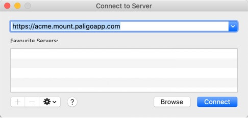 Connect to server dialog shows a URL has been added. The URL is https://acme.mount.paligoapp.com