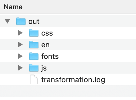 Output folder showing css, en, fonts, and js folders with a transformation log file too.