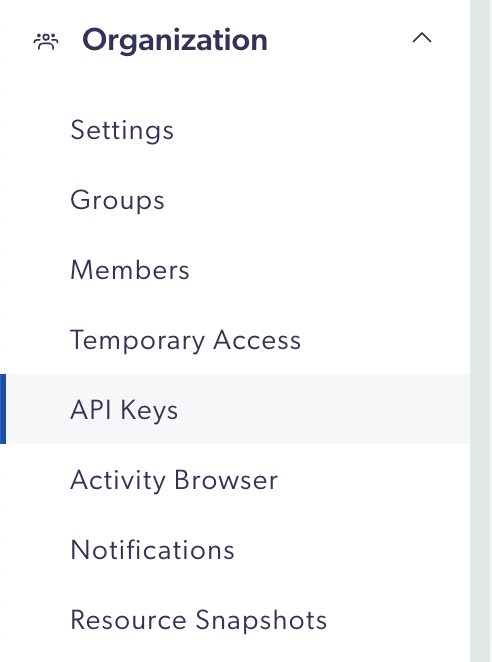 Coveo sidebar. The Organization category is expanded and the API Keys section is selected.