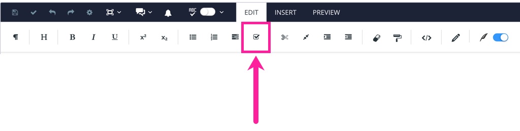 The toolbar in the Paligo editor. A callout arrow points to the checklist icon, which is a checkbox.