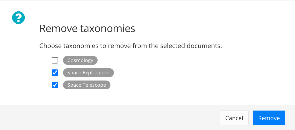 Remove taxonomies dialog. It lists the taxonomies for the selected components. Each taxonomy has a checkbox so that you can choose to remove it or leave it in place.