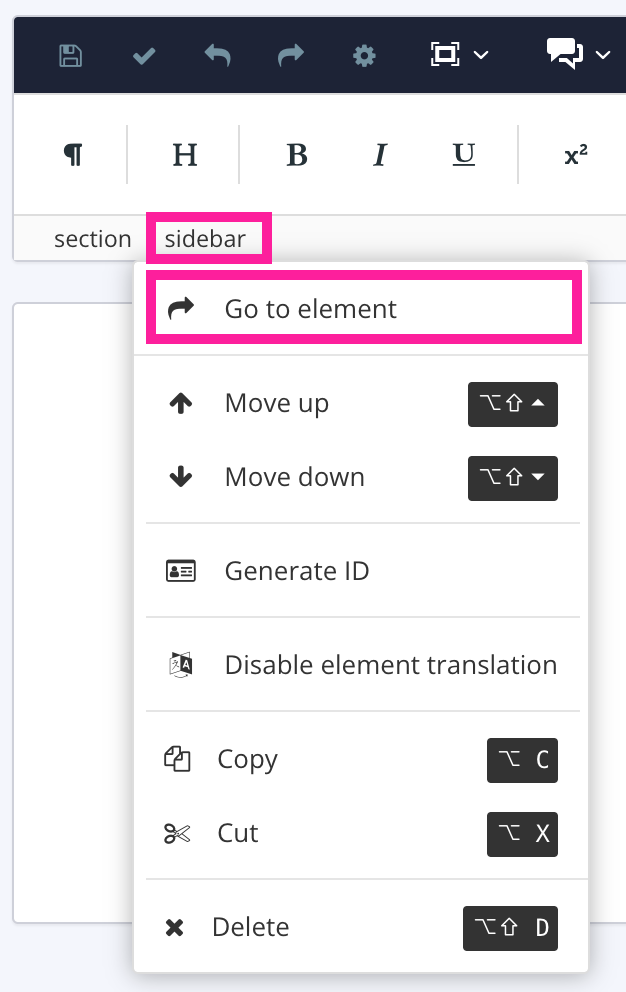 Sidebar element is selected in the element structure menu. A dropdown menu is shown and the Go to element option is highlighted.