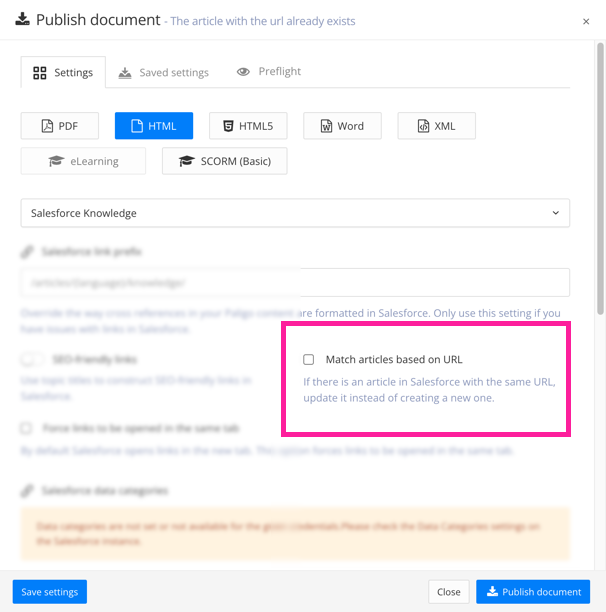 Publish document dialog. A callout box highlights the Match articles based on URL setting on the Settings tab.