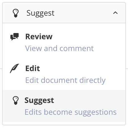 Switch view selector. It is a dropdown menu with options for review, edit, and suggest.