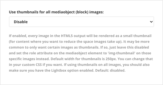 Layout setting. There is a box with a Use thumbnails for all mediaobject (block) images setting. It is a dropdown and is set to Disable.